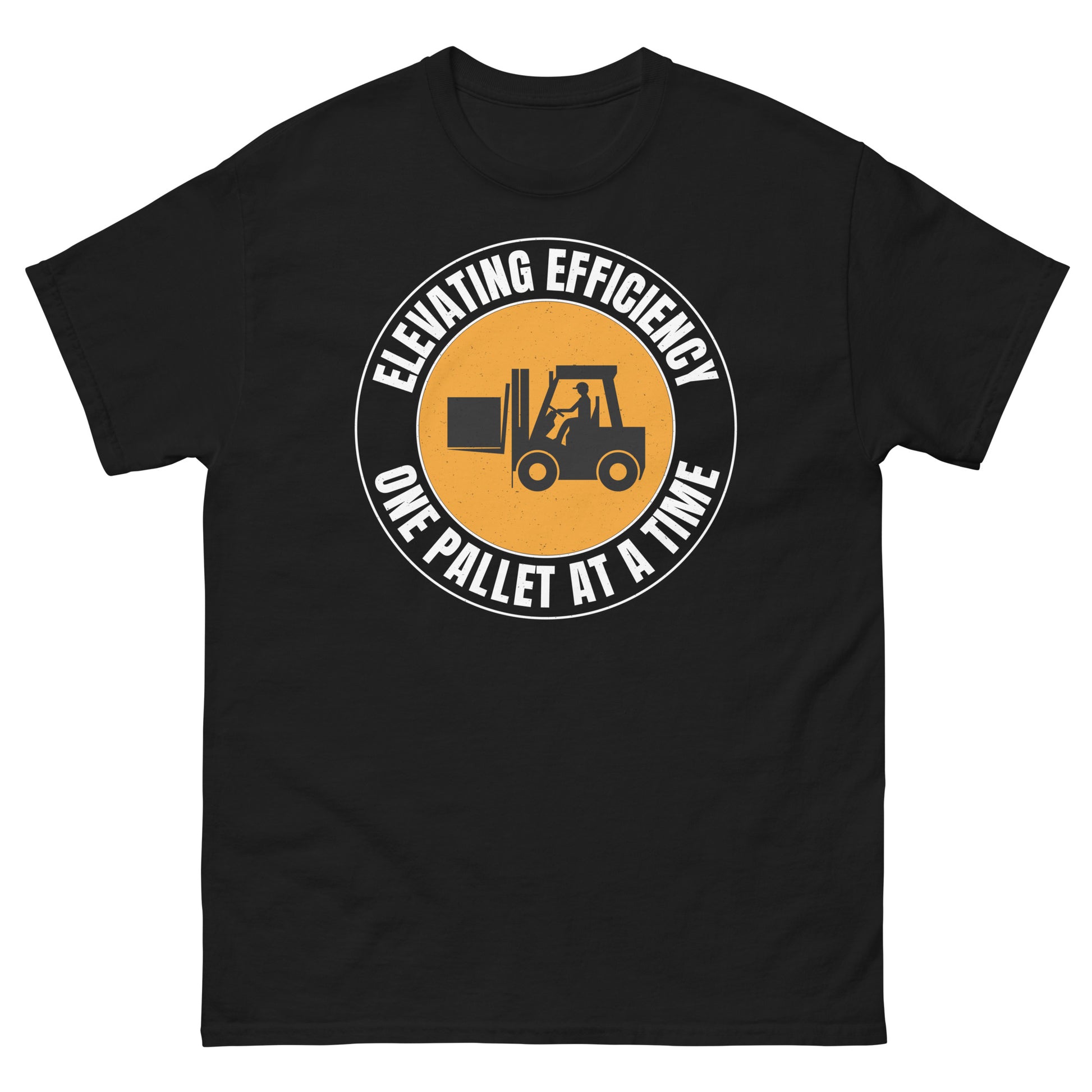 Forklift Operator T-Shirt with "Elevating Efficiency, One Pallet at a Time" slogan