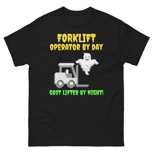 Halloween-themed Forklift Operator T-Shirt with "Forklift Operator by Day, Ghost Lifter by Night!" slogan