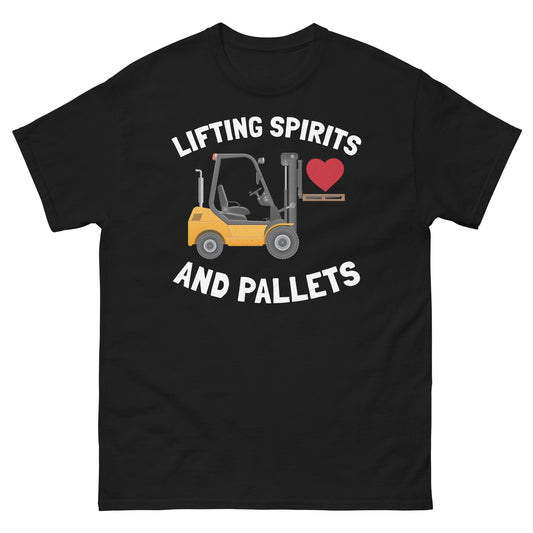 Forklift Operator T-Shirt with "Lifting Spirits and Pallets" slogan