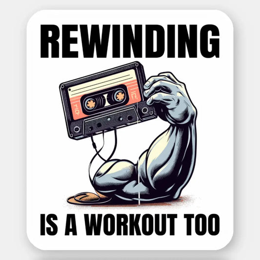 Muscle-Powered Cassette Rewind: '80s Fitness for Tapes Stickers