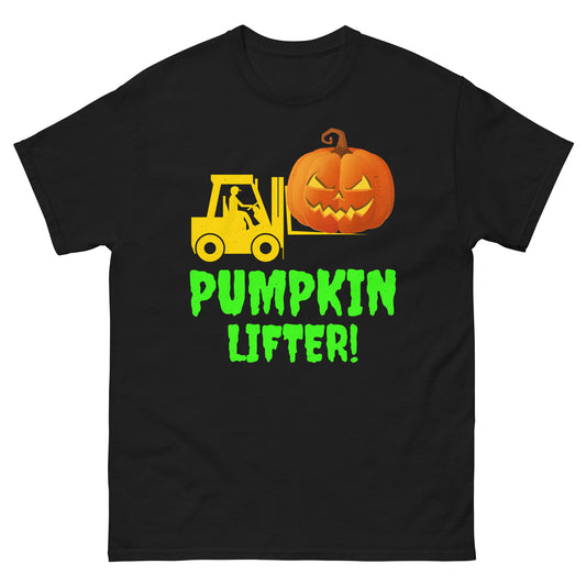 Halloween-themed Forklift Operator T-Shirt with "The Pumpkin Lifter!" slogan