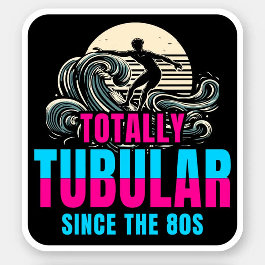 Retro Surfer Riding Stylized '80s Wave - Totally Tubular Stickers