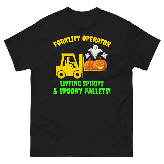 Halloween-themed Forklift Operator T-Shirt with "Lifting Spirits and Spooky Pallets!" slogan