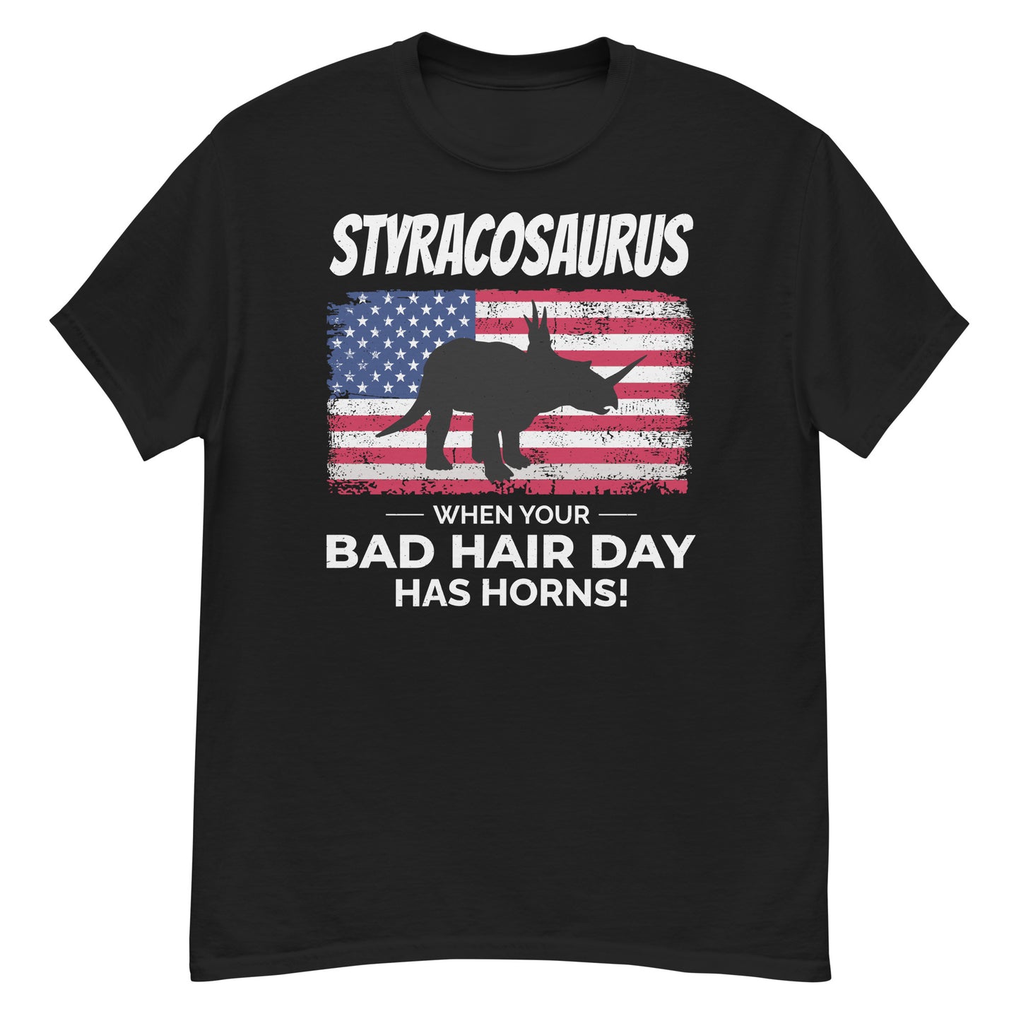 Styracosaurus Amerikanische Flagge Dinosaurier T-Shirt: Bad Hair Day mit Hörnern