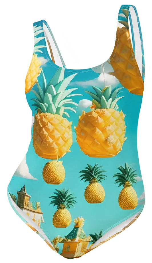 Pineapple Paradise: Surreal One-Piece Swimsuit with Whimsical Village