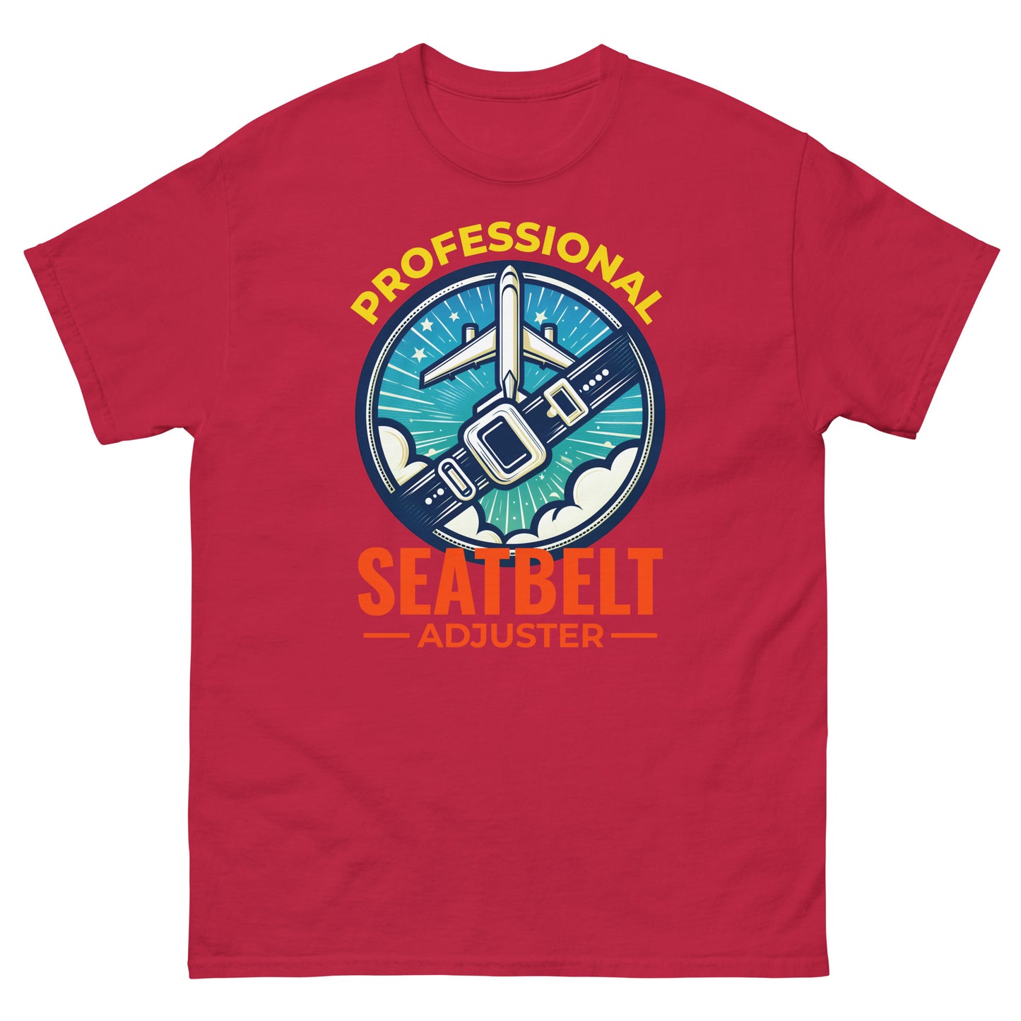 Flugbegleiter-T-Shirt: „Professioneller Gurtversteller“