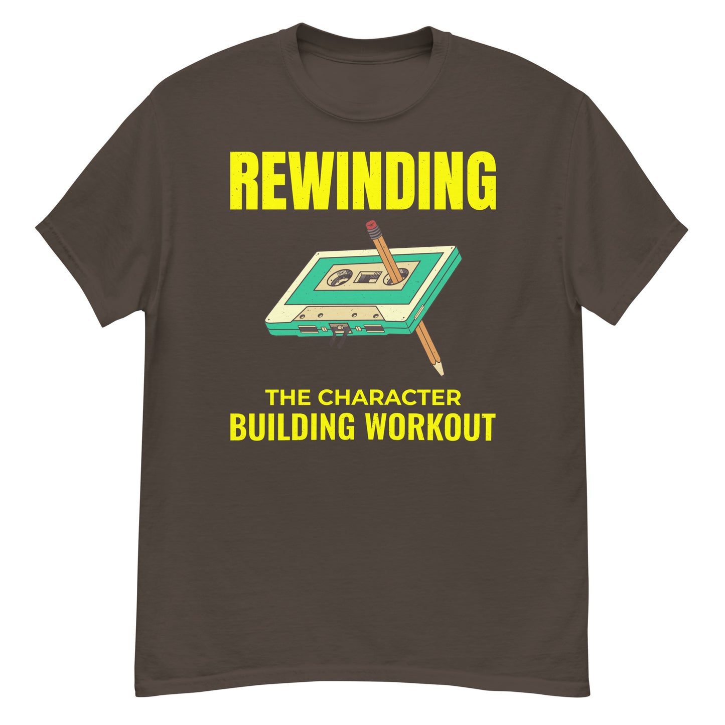 Cassette Tape Rewinding T-Shirt - "Rewinding: The Character Building Workout"