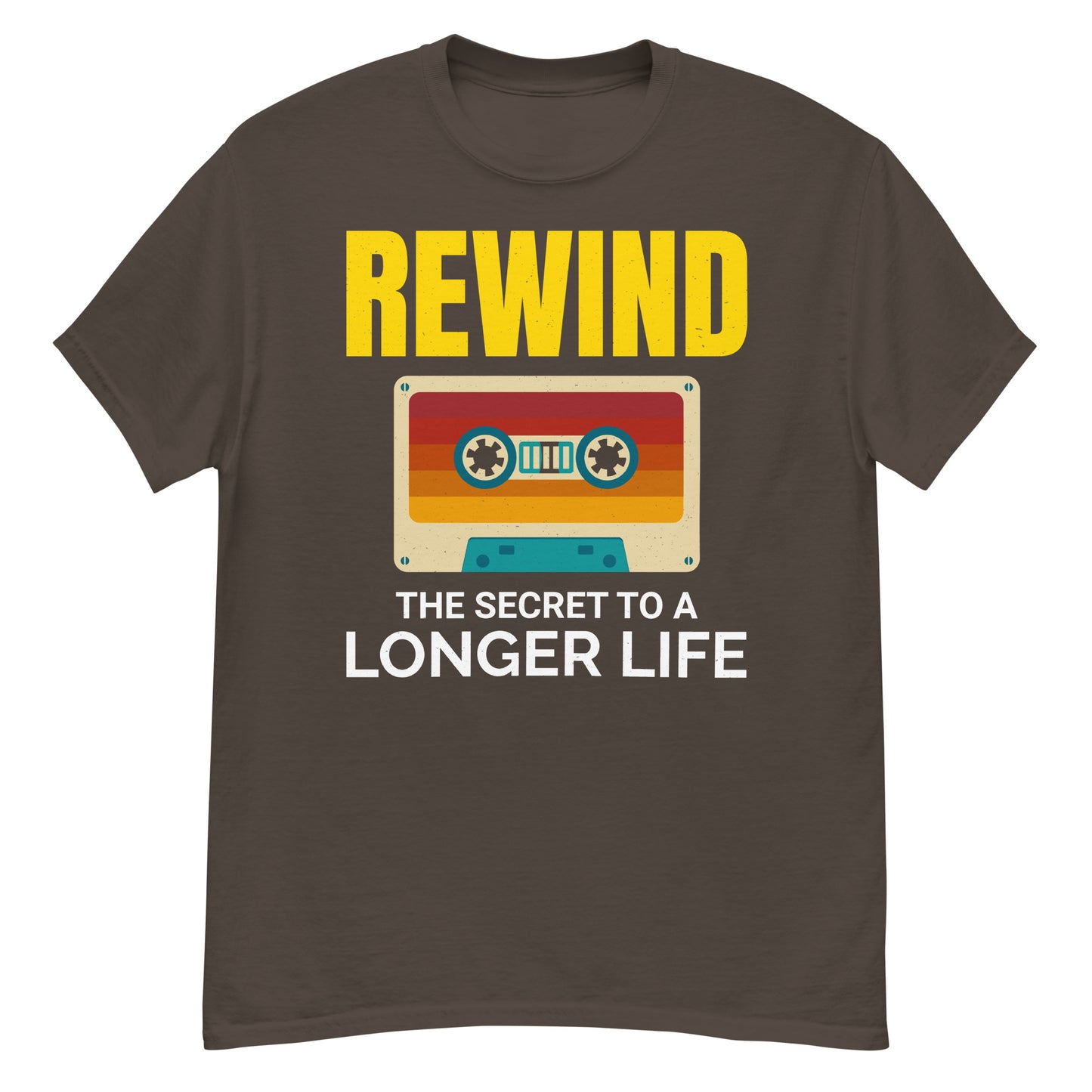 Cassette Tape Rewinding T-Shirt - "Rewinding: The Secret to a Longer Life"