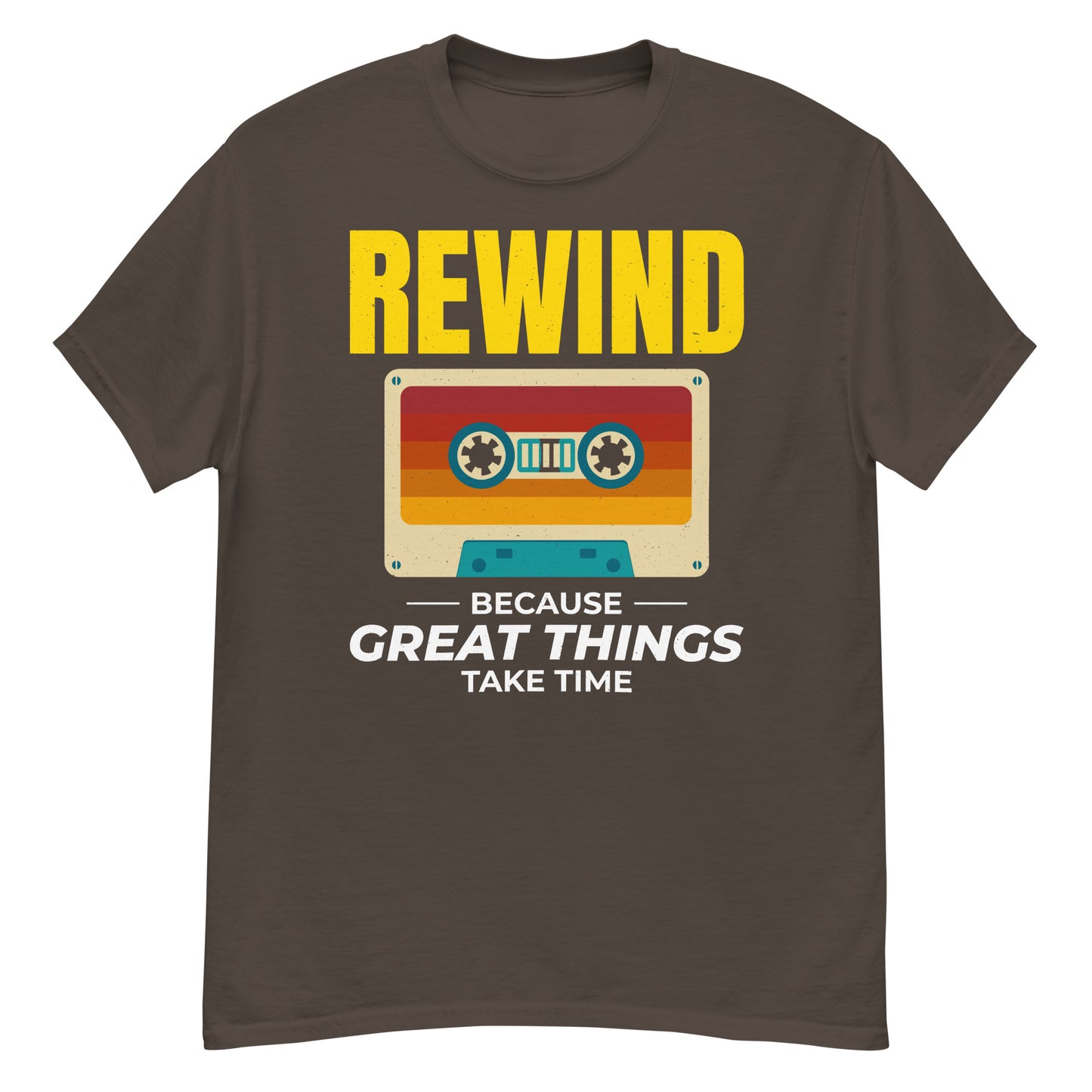 Cassette Tape Rewinding T-Shirt - "Rewind: Because Great Things Take Time"