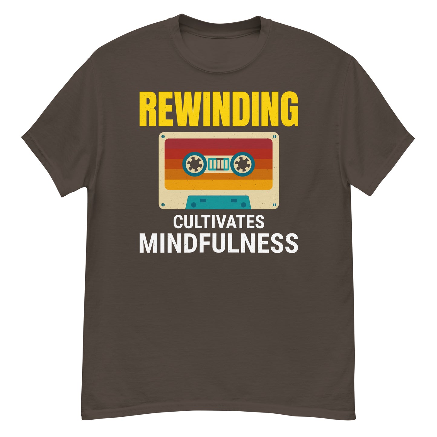 Cassette Tape Rewinding T-Shirt - "Rewinding: Cultivates Mindfulness"