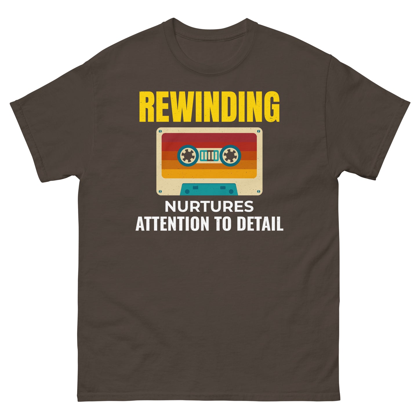 Cassette Tape Rewinding T-Shirt - "Rewinding: Nurtures Attention to Detail"