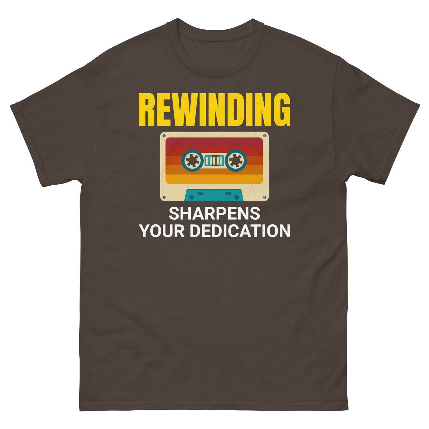 Cassette Tape Rewinding T-Shirt - "Rewinding: Sharpens Your Dedication"