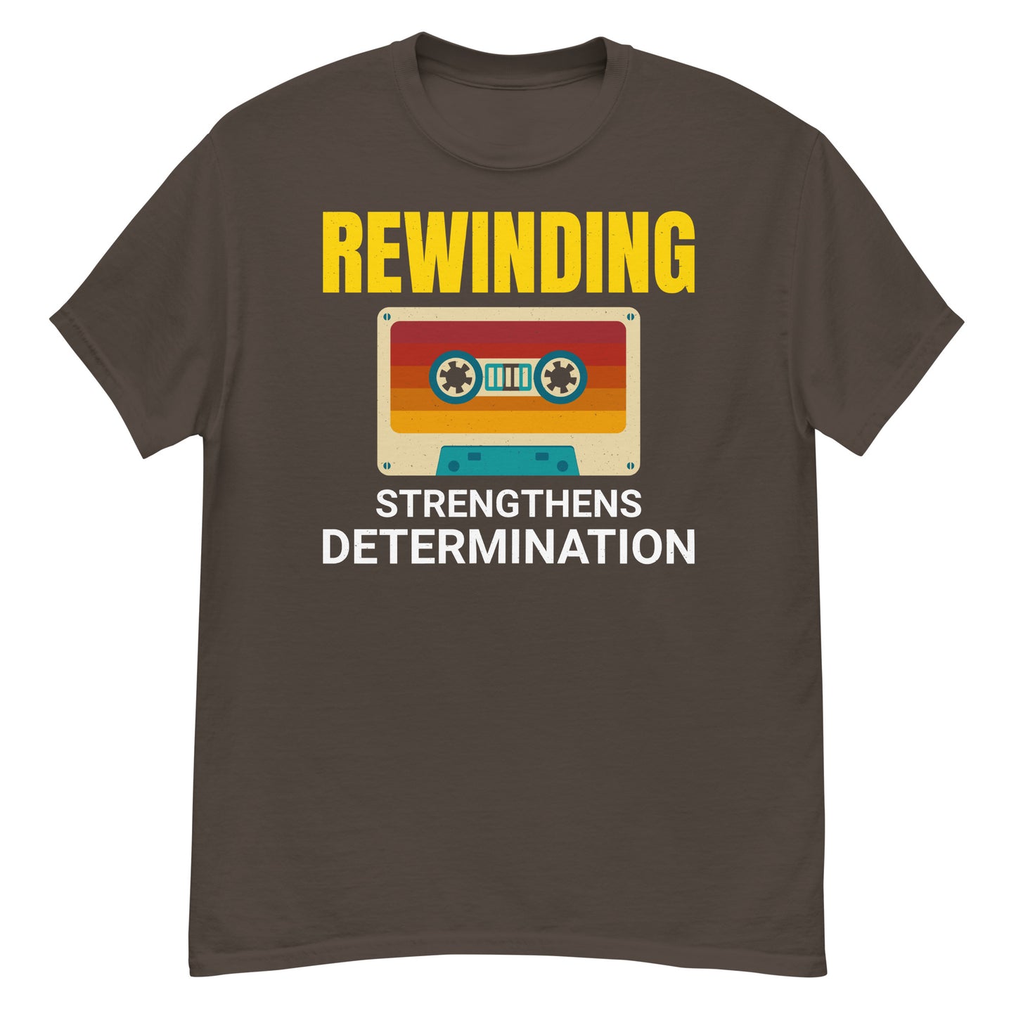 Cassette Tape Rewinding T-Shirt - "Rewinding: Strengthens Determination"