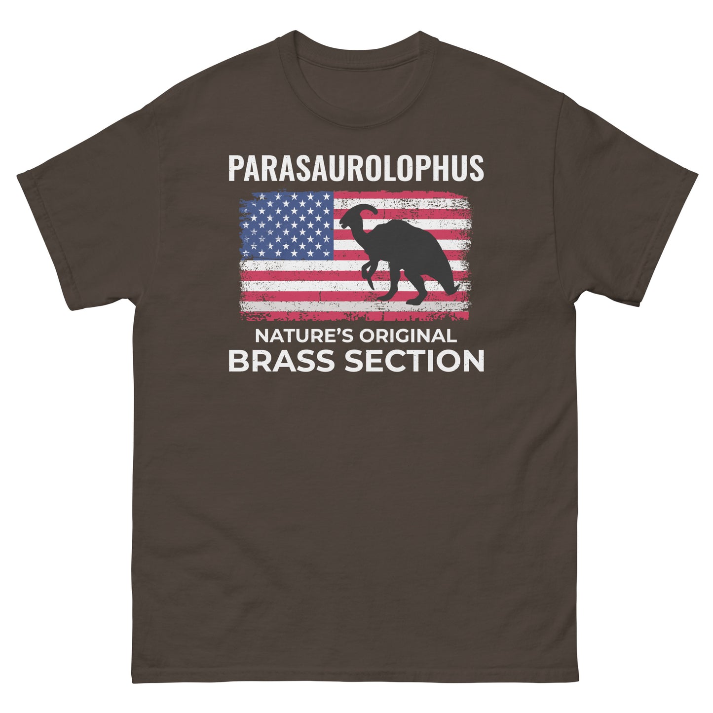 American Flag Dinosaur T-Shirt: Parasaurolophus - Nature's Original Brass Section