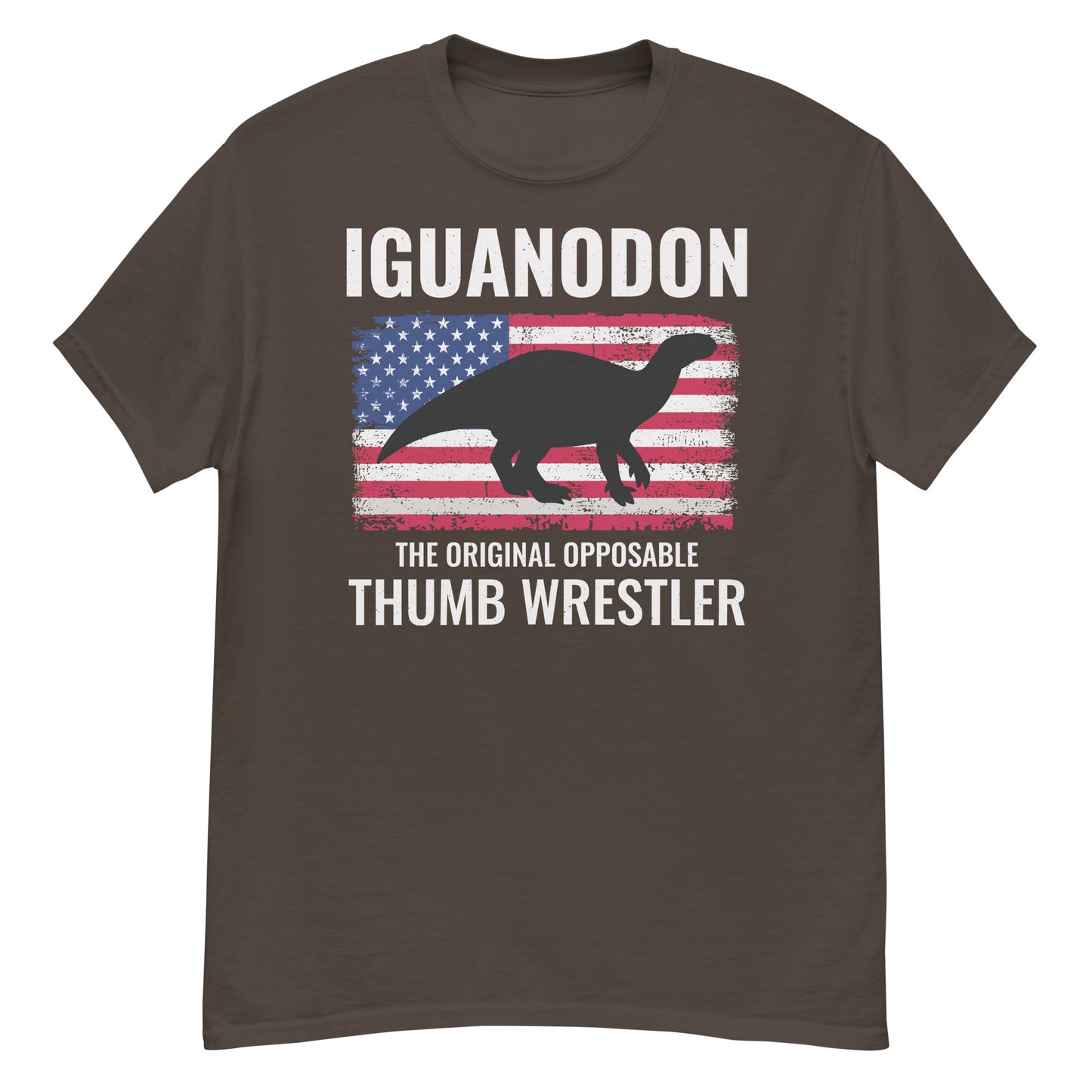 American Flag Dinosaur T-Shirt: Iguanodon - The Original Opposable Thumb Wrestler