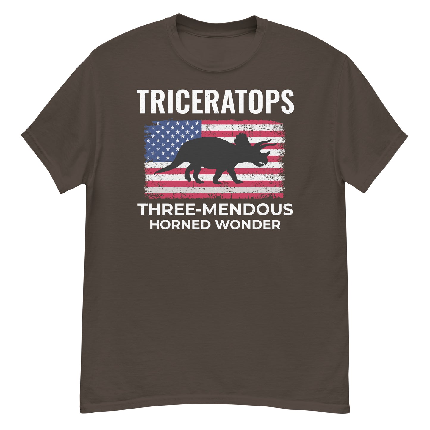 American Flag Dinosaur T-Shirt: Triceratops - The Three-Mendous Horned Wonder