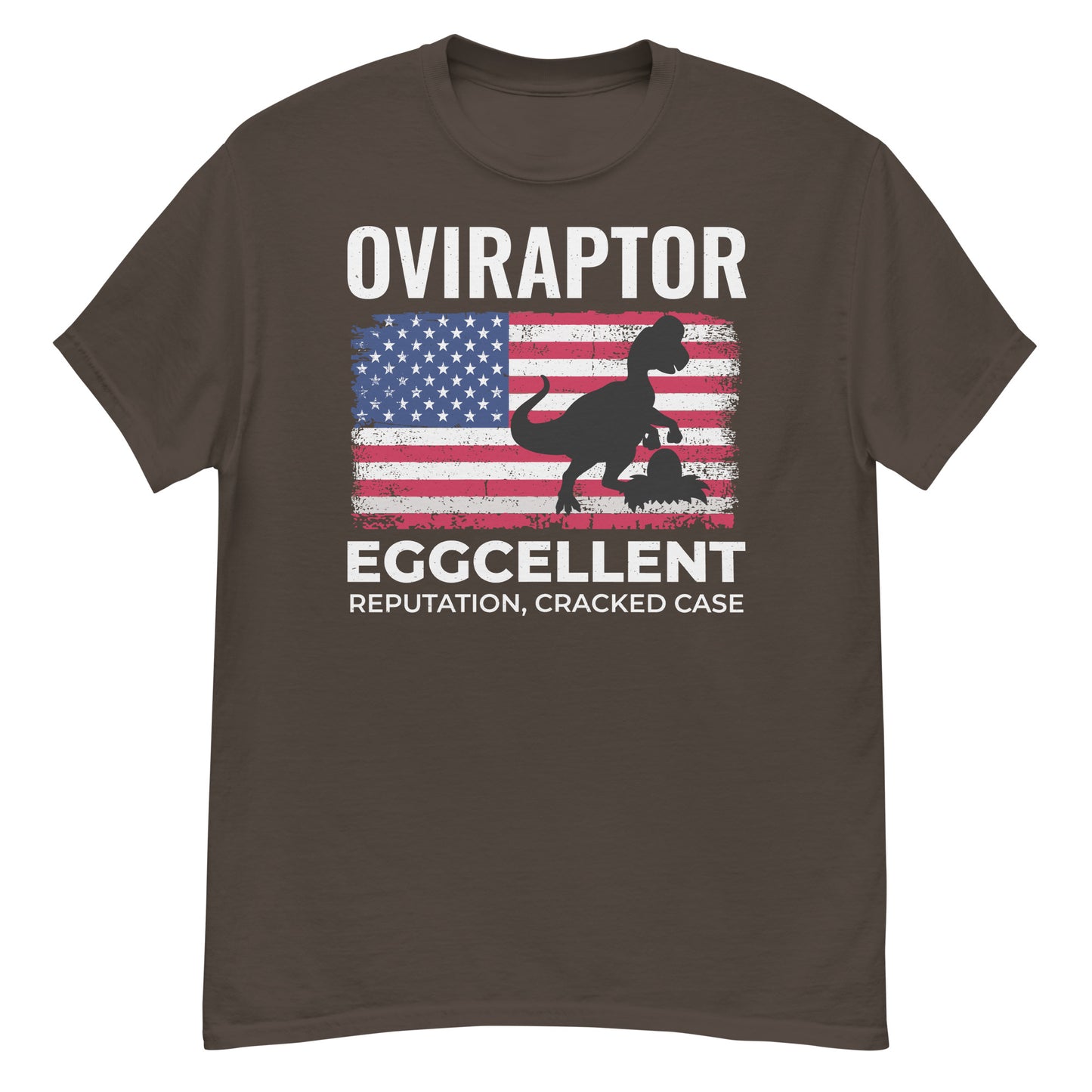 American Flag Dinosaur T-Shirt: Oviraptor - Eggcellent Reputation, Cracked Case