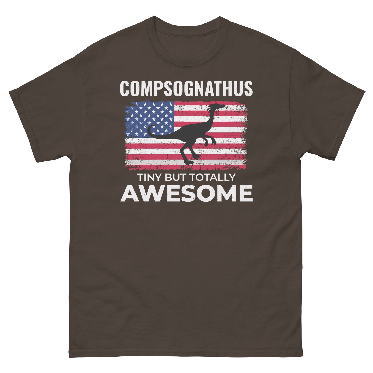 Camiseta con dinosaurio de la bandera estadounidense: Compsognathus: diminuto pero absolutamente asombroso