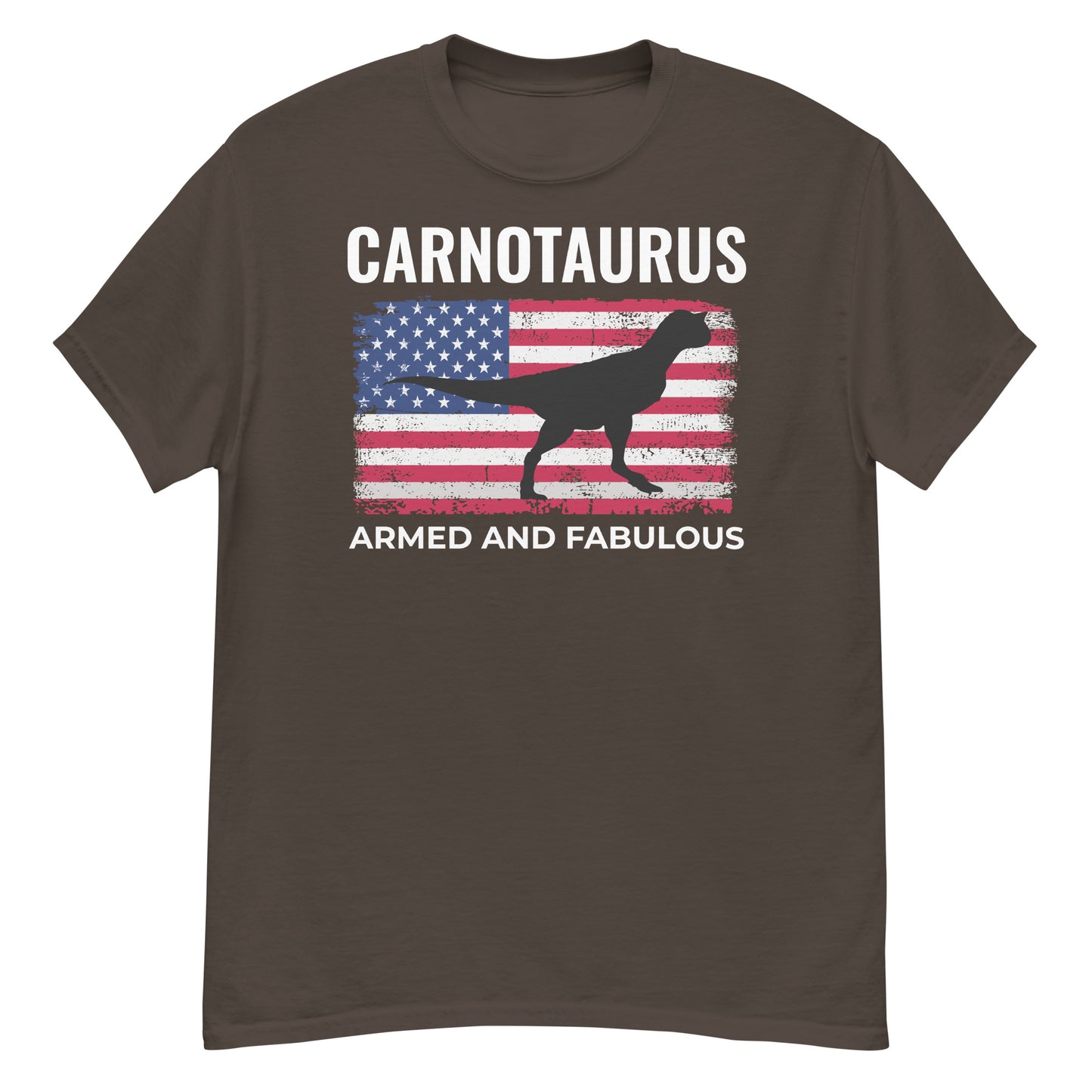 Dinosaurier-T-Shirt mit amerikanischer Flagge: Carnotaurus – bewaffnet und fabelhaft