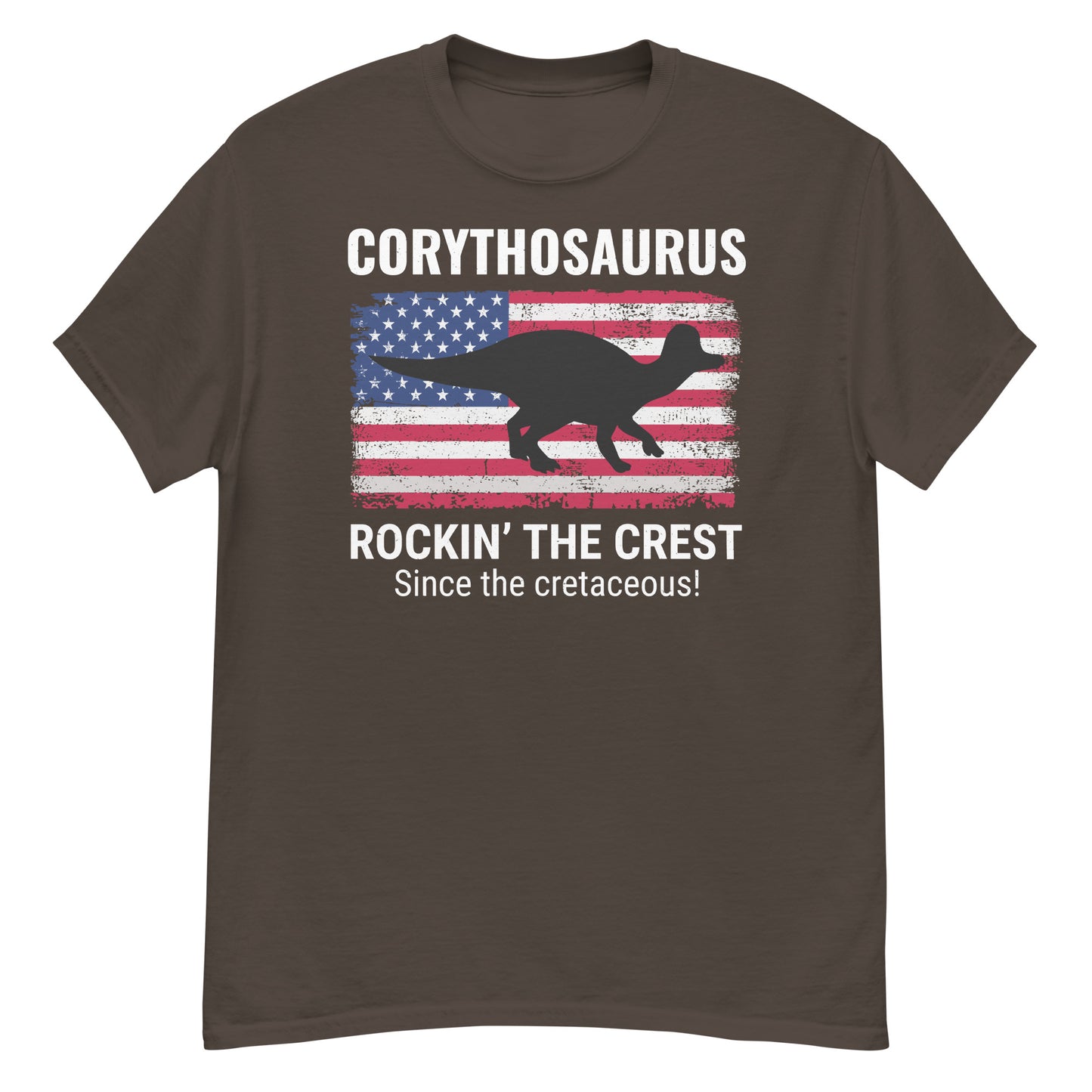 Camiseta de dinosaurio con bandera estadounidense: Corythosaurus: ¡Rockeando el escudo desde el Cretácico!