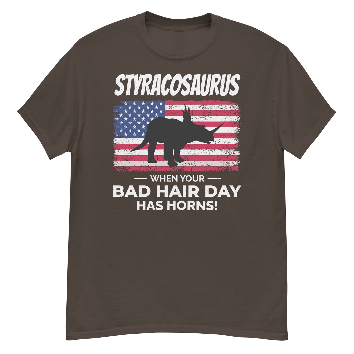 Styracosaurus Amerikanische Flagge Dinosaurier T-Shirt: Bad Hair Day mit Hörnern