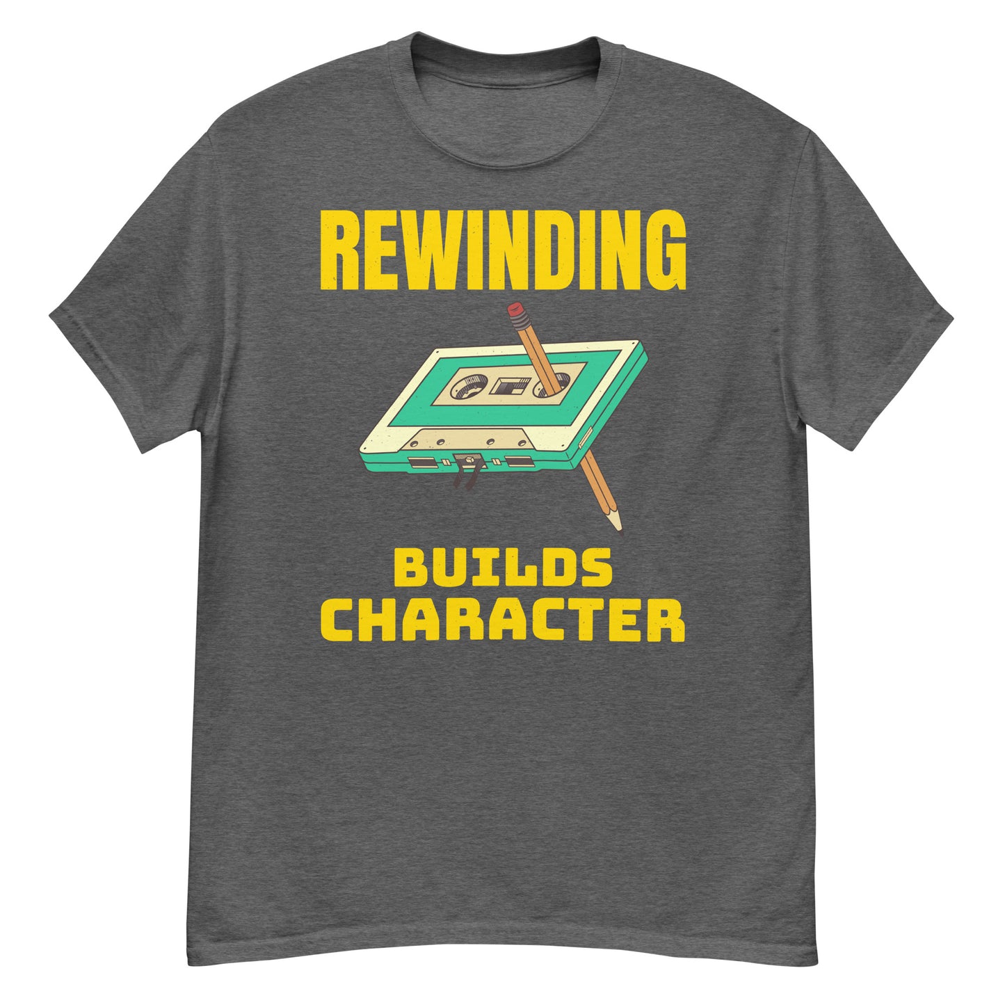 Retro Cassette Tape Rewinding T-Shirt - "Rewinding Builds Character"