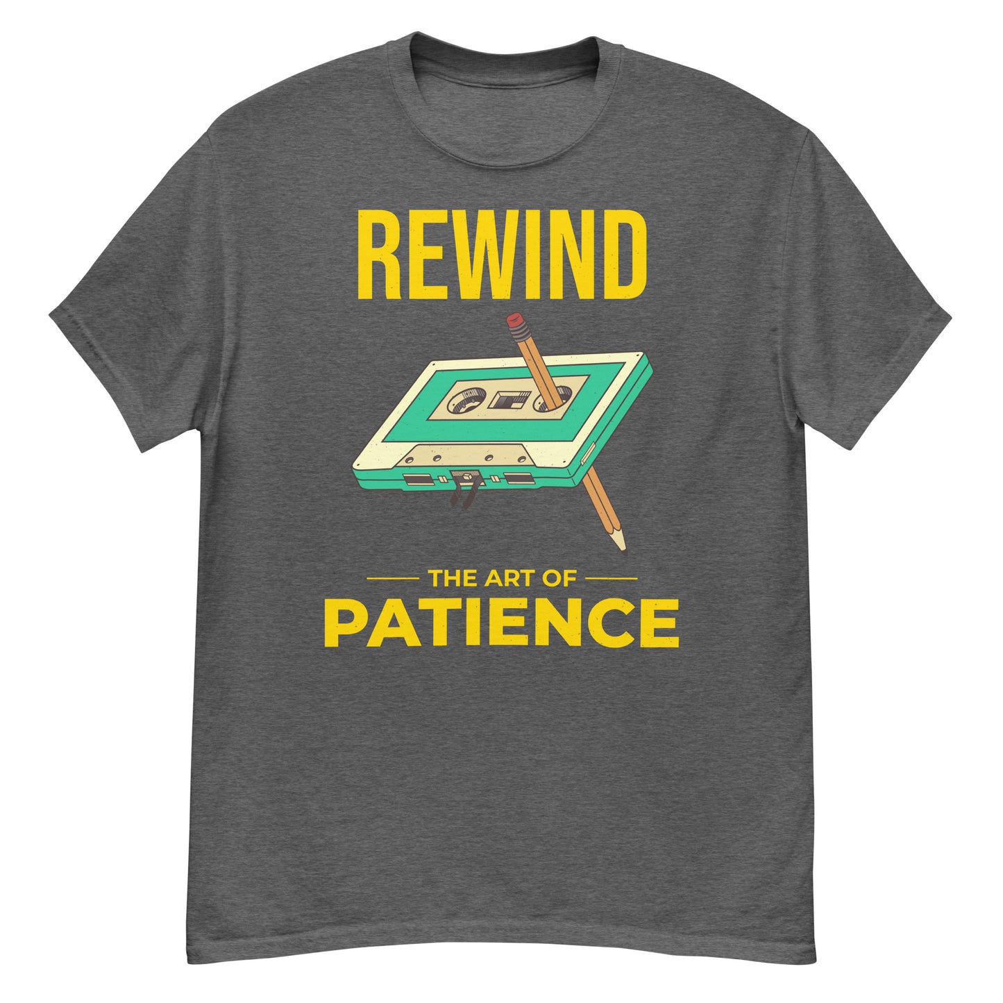 Retro Cassette Tape Rewinding T-Shirt - "Rewind: The Art of Patience"