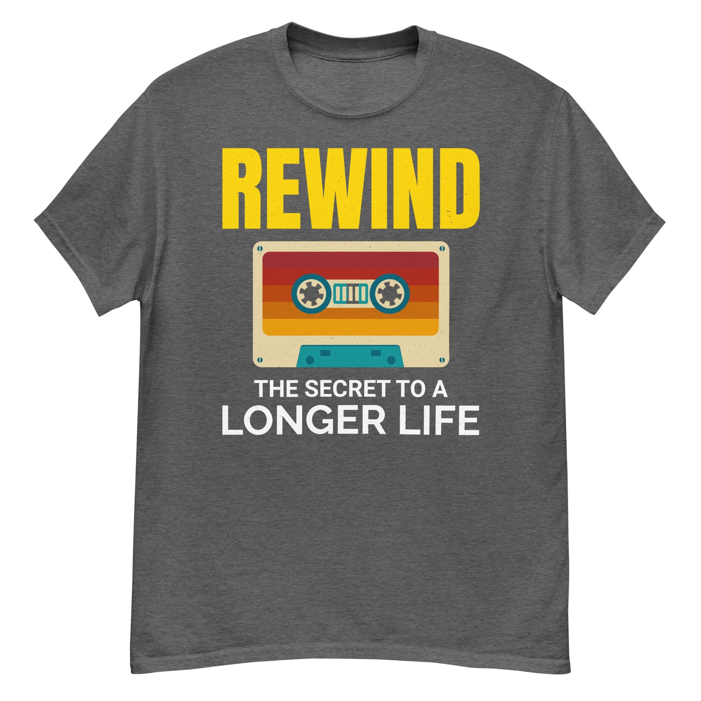 Cassette Tape Rewinding T-Shirt - "Rewinding: The Secret to a Longer Life"