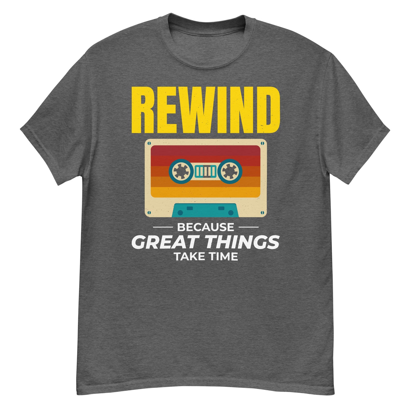 Cassette Tape Rewinding T-Shirt - "Rewind: Because Great Things Take Time"