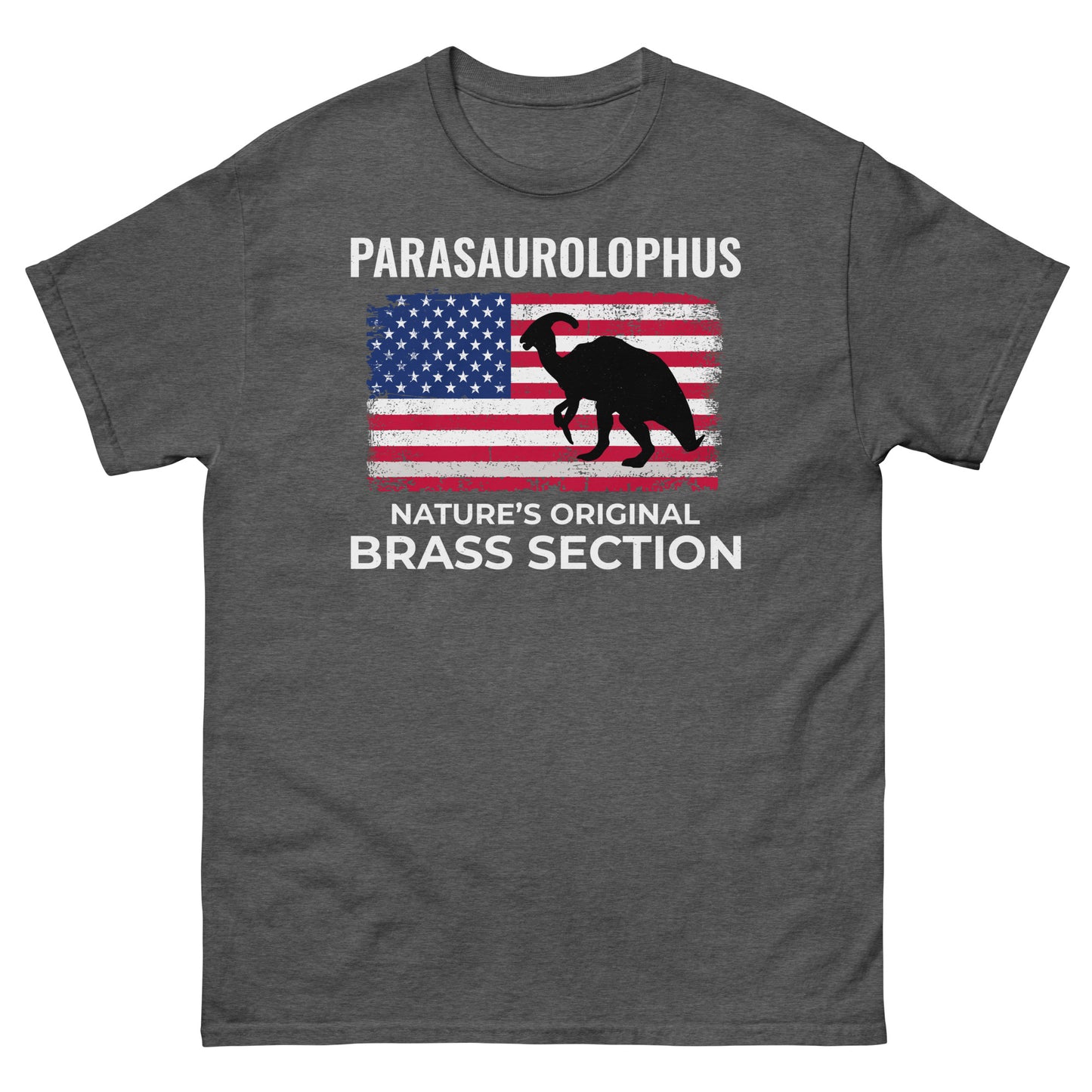 Dinosaurier-T-Shirt mit amerikanischer Flagge: Parasaurolophus - Nature's Original Brass Section