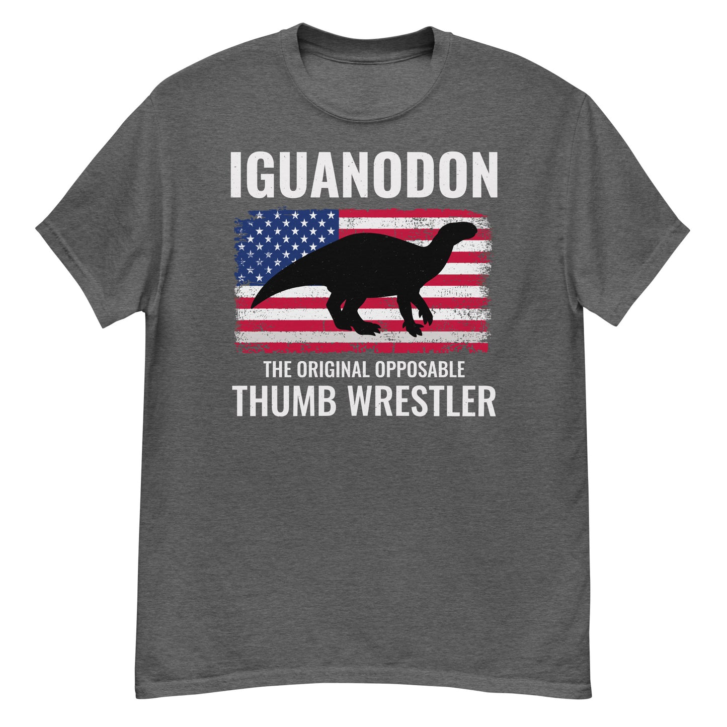 American Flag Dinosaur T-Shirt: Iguanodon - The Original Opposable Thumb Wrestler