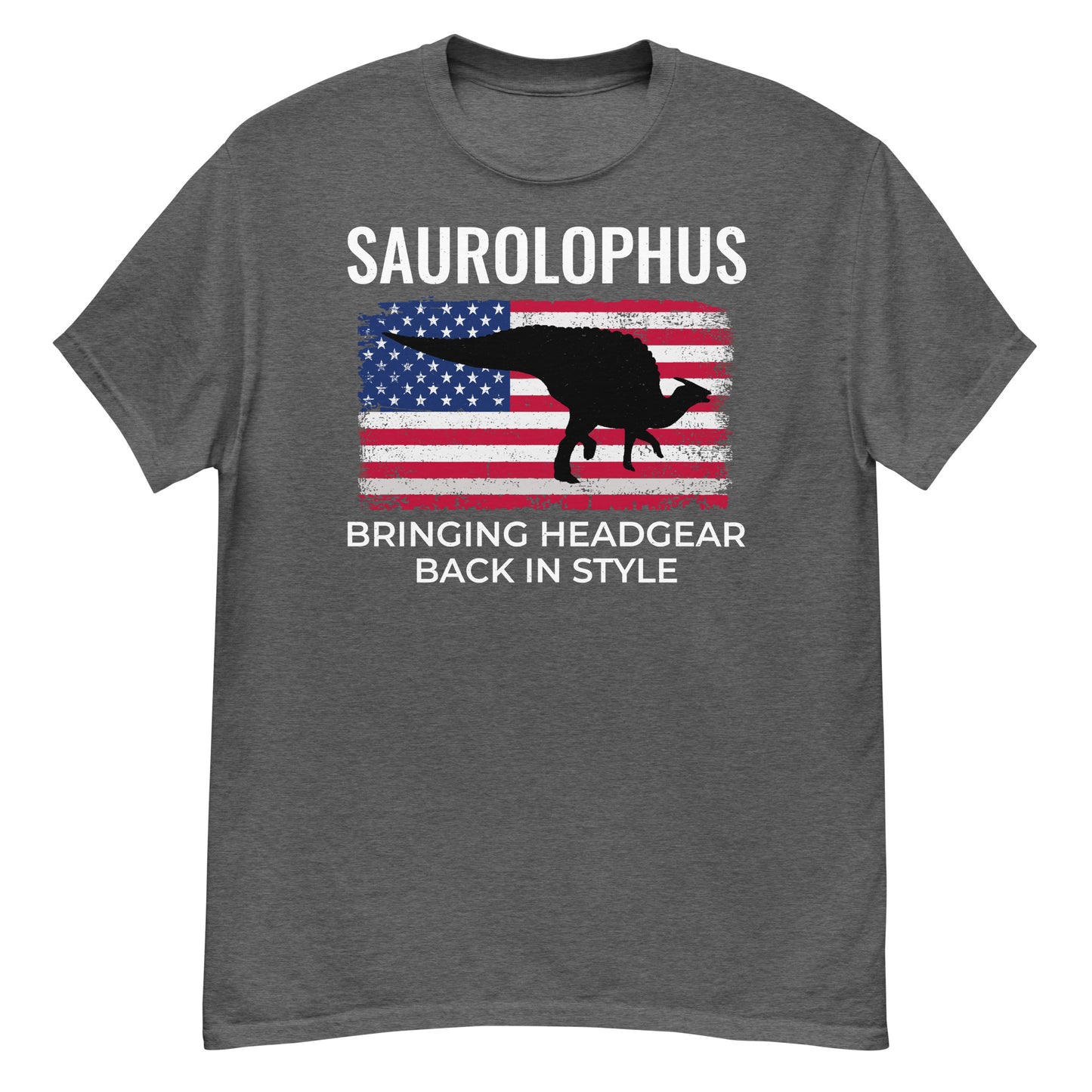 Dinosaurier-T-Shirt mit amerikanischer Flagge: Saurolophus – Kopfbedeckungen wieder in Mode bringen