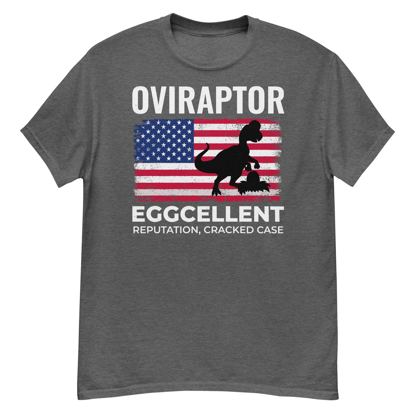 American Flag Dinosaur T-Shirt: Oviraptor - Eggcellent Reputation, Cracked Case