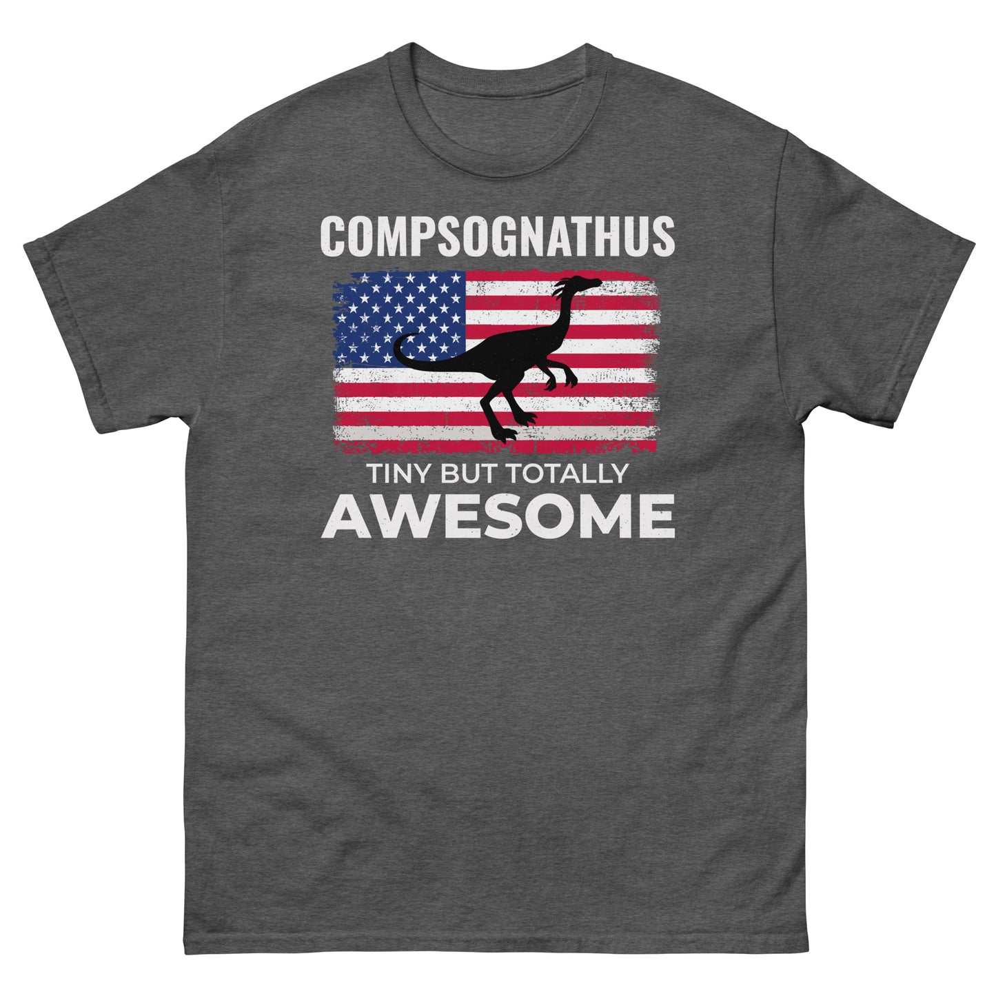 Dinosaurier-T-Shirt mit amerikanischer Flagge: Compsognathus – winzig, aber absolut fantastisch