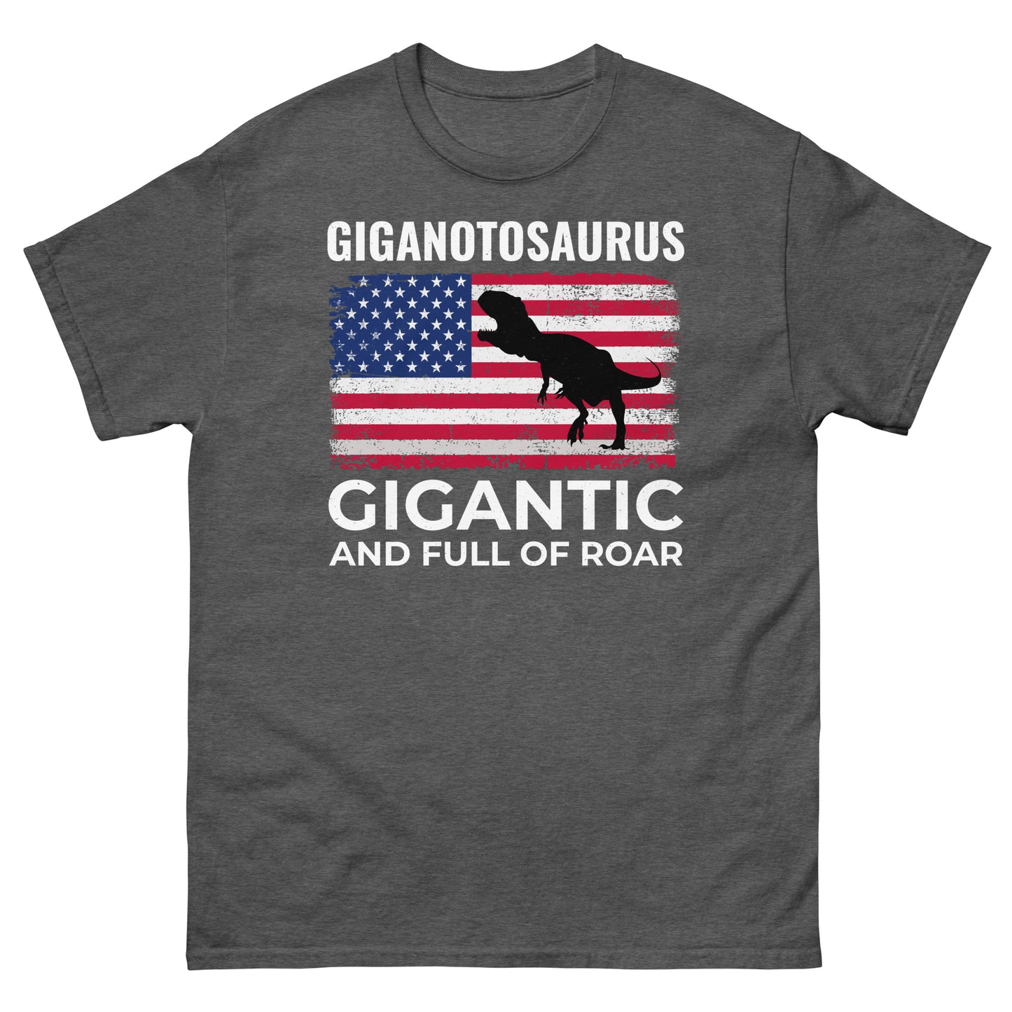 Camiseta con la bandera estadounidense de dinosaurio: Giganotosaurus, gigantesco y lleno de rugidos