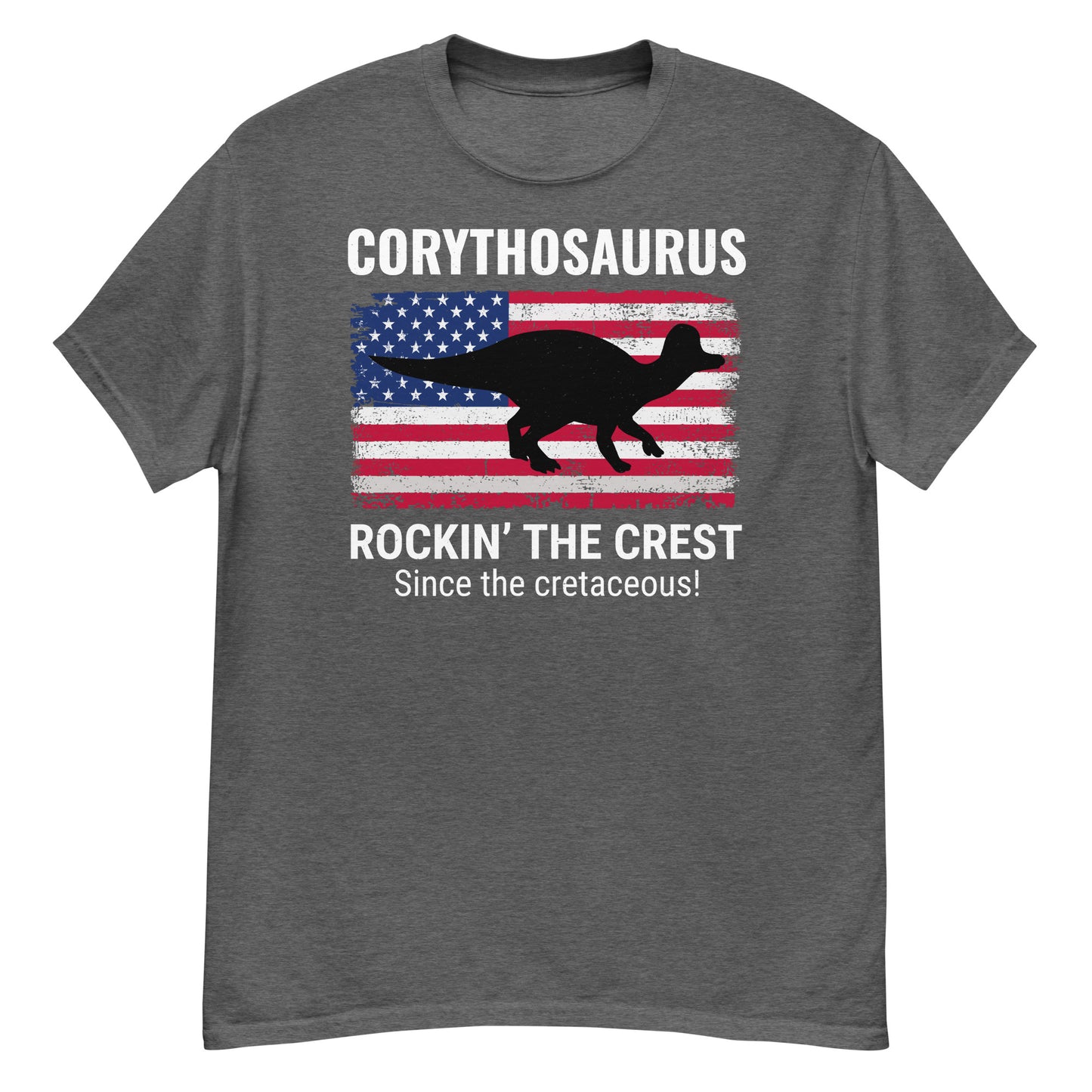 Camiseta de dinosaurio con bandera estadounidense: Corythosaurus: ¡Rockeando el escudo desde el Cretácico!