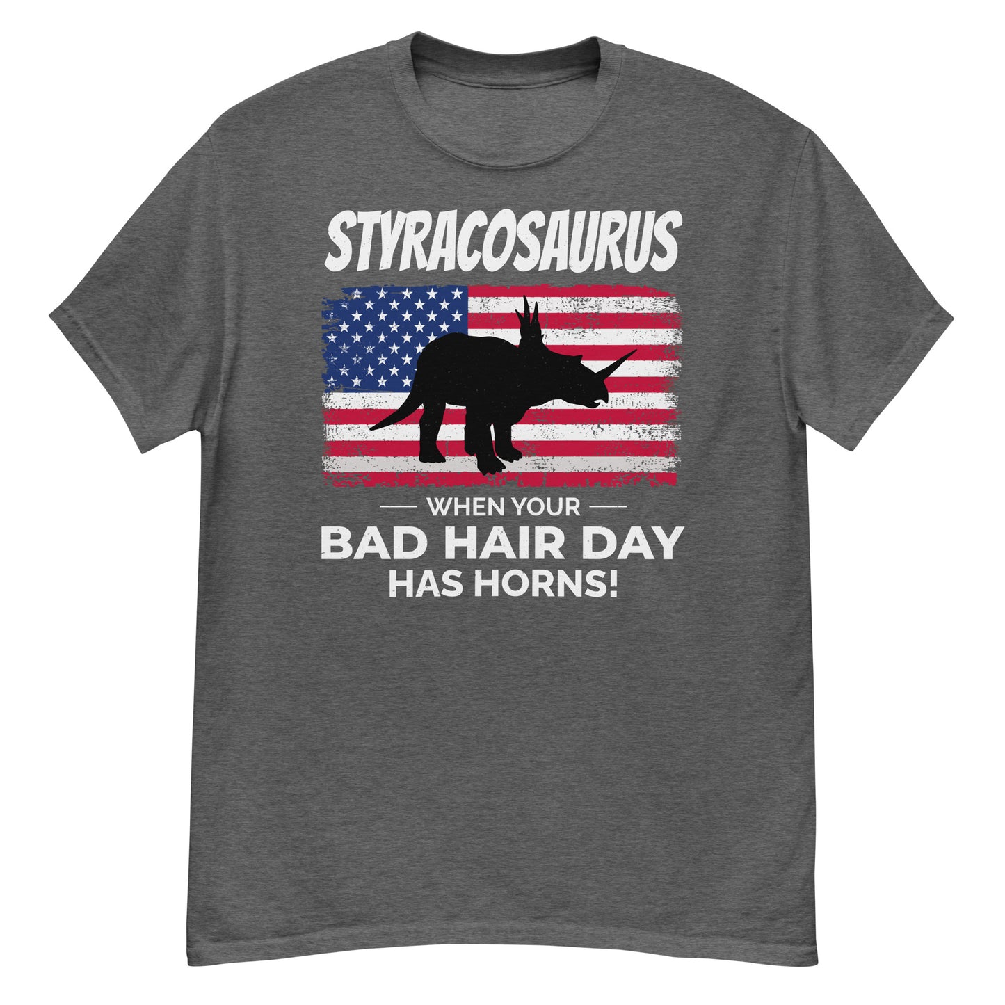 Styracosaurus Amerikanische Flagge Dinosaurier T-Shirt: Bad Hair Day mit Hörnern