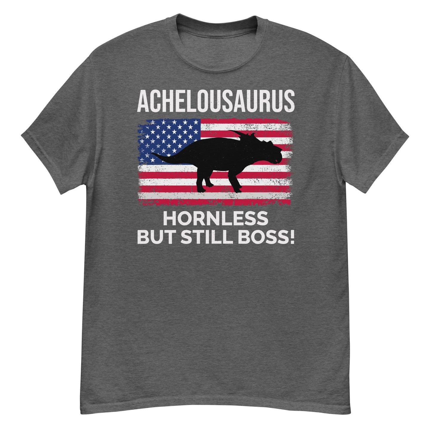 Camiseta con la bandera estadounidense del dinosaurio Achelousaurus: sin cuernos, sigue siendo el jefe