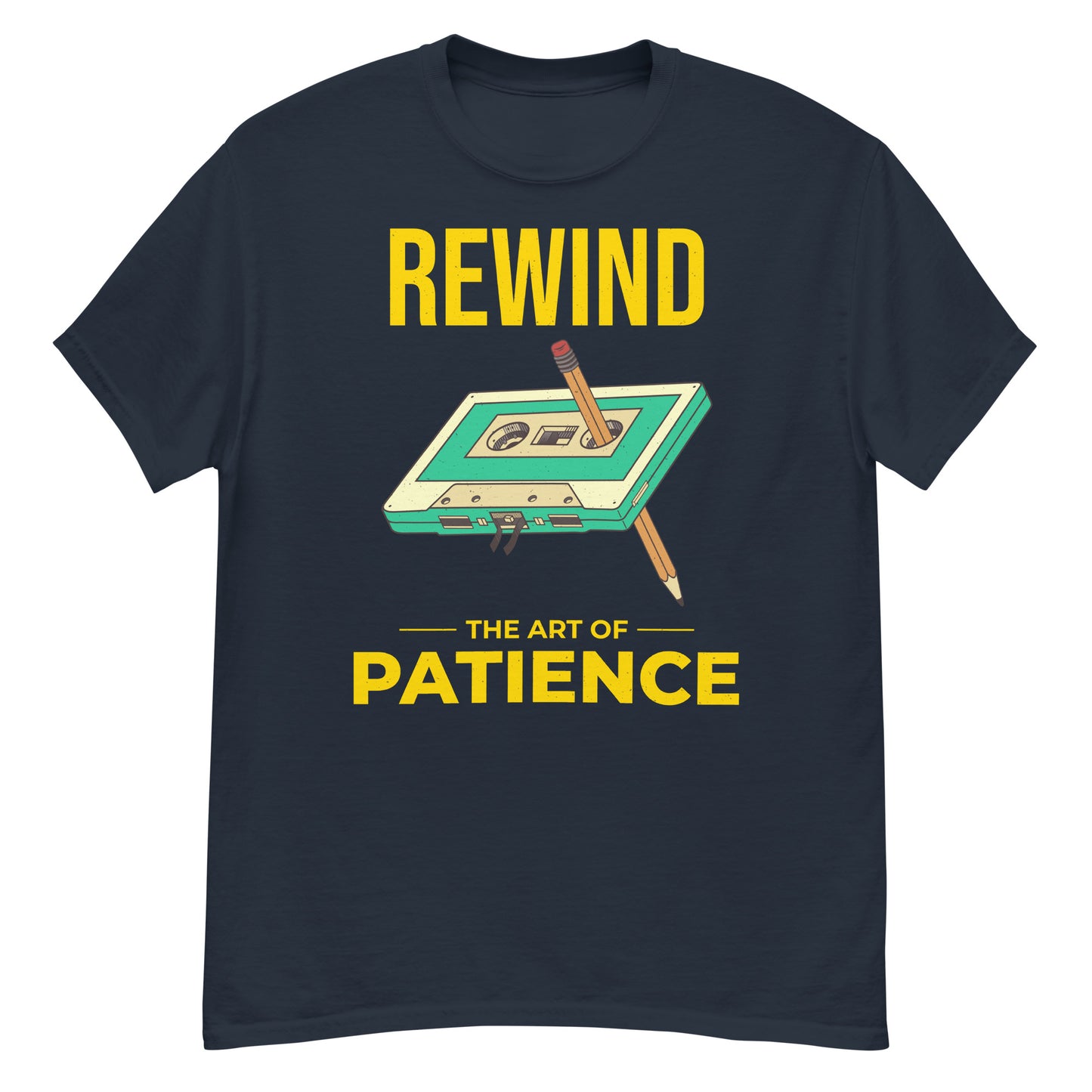 Retro Cassette Tape Rewinding T-Shirt - "Rewind: The Art of Patience"