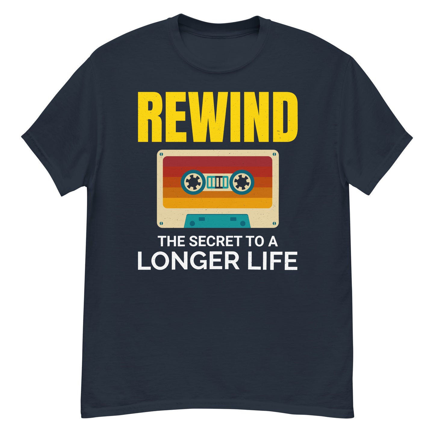 Cassette Tape Rewinding T-Shirt - "Rewinding: The Secret to a Longer Life"