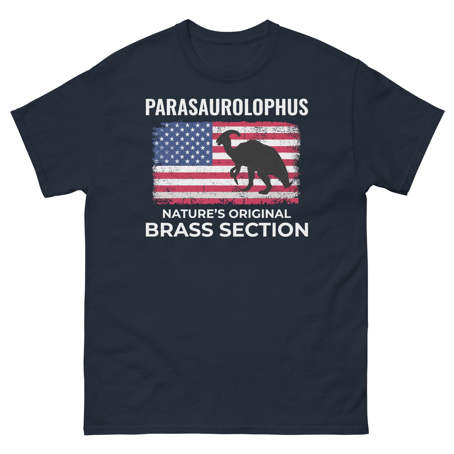 Dinosaurier-T-Shirt mit amerikanischer Flagge: Parasaurolophus - Nature's Original Brass Section