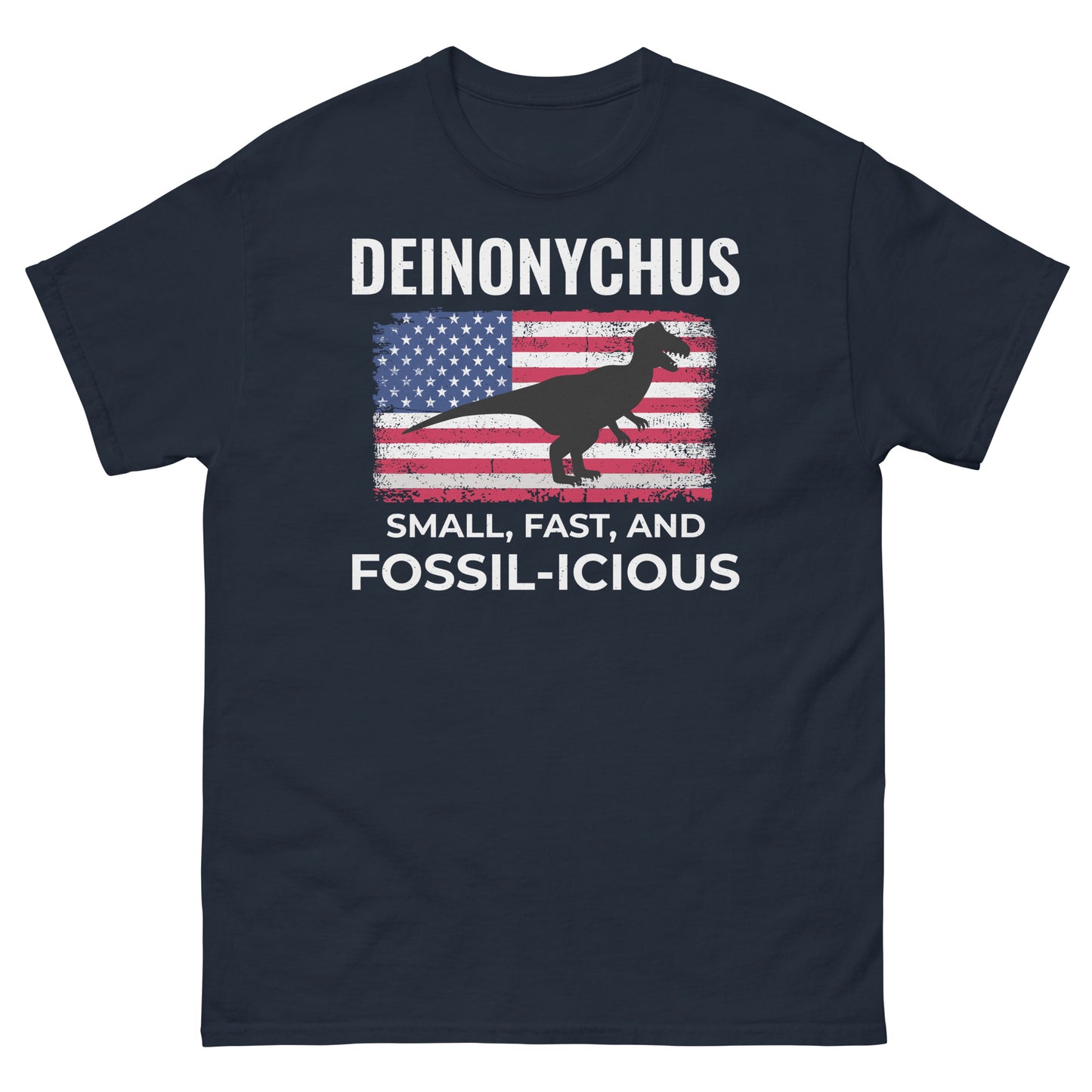 Dinosaurier-T-Shirt mit amerikanischer Flagge: Deinonychus – klein, schnell und fossilienreich