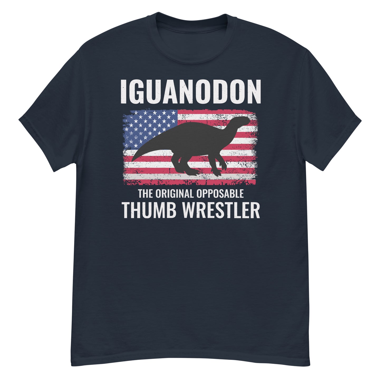 American Flag Dinosaur T-Shirt: Iguanodon - The Original Opposable Thumb Wrestler