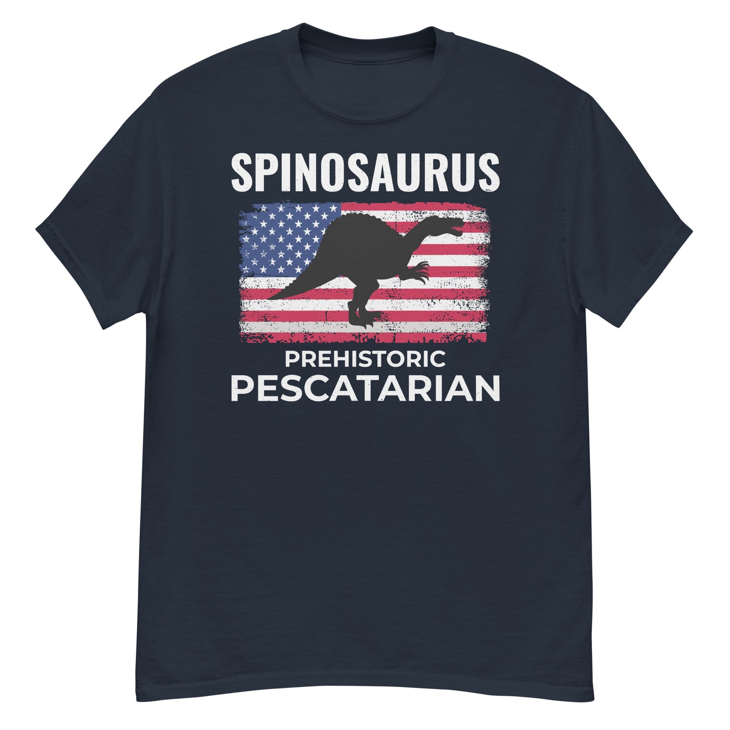 Camiseta con la bandera estadounidense de dinosaurios: Spinosaurus, el pescatariano prehistórico