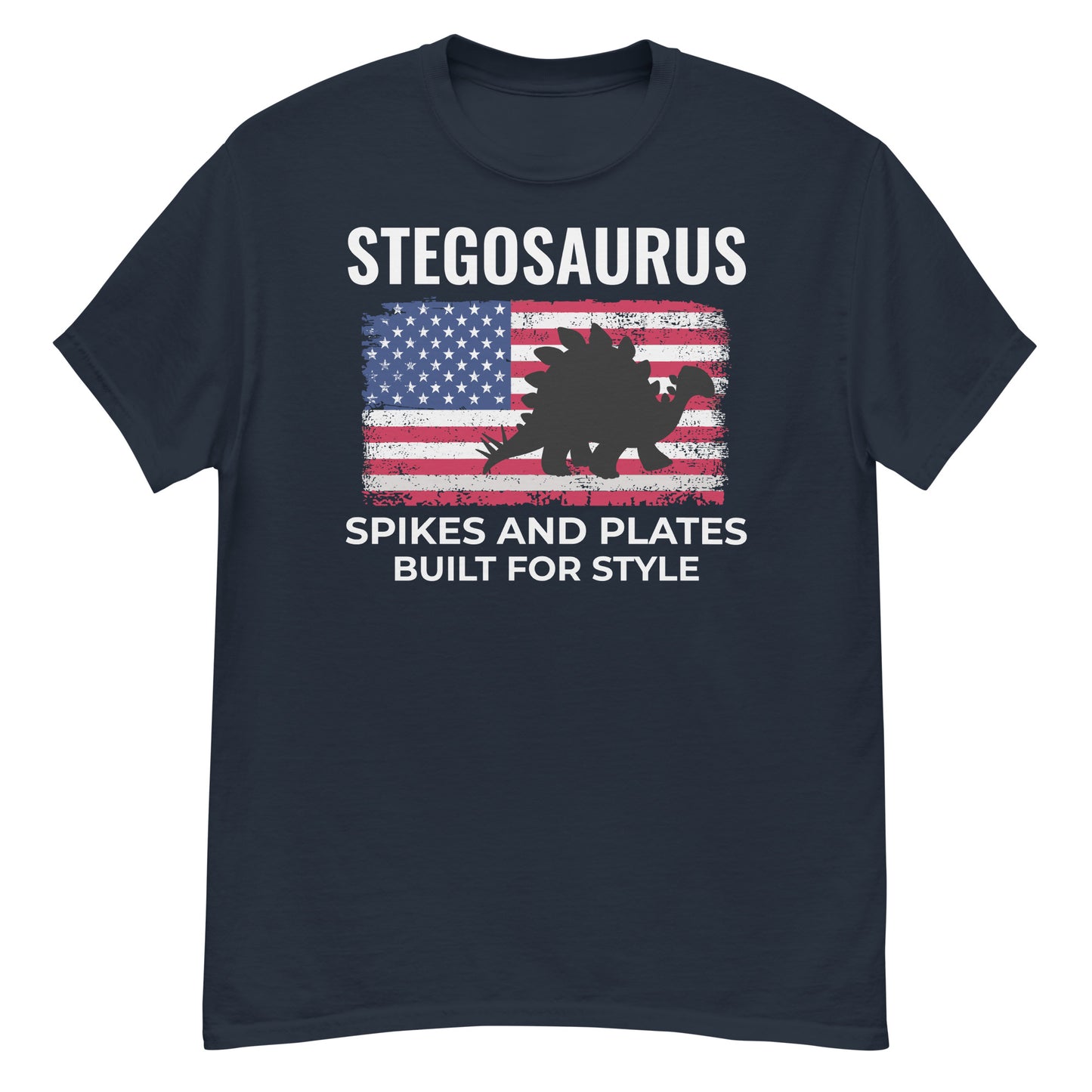 Dinosaurier-T-Shirt mit amerikanischer Flagge: Stegosaurus – Stacheln und Platten, für Stil gebaut