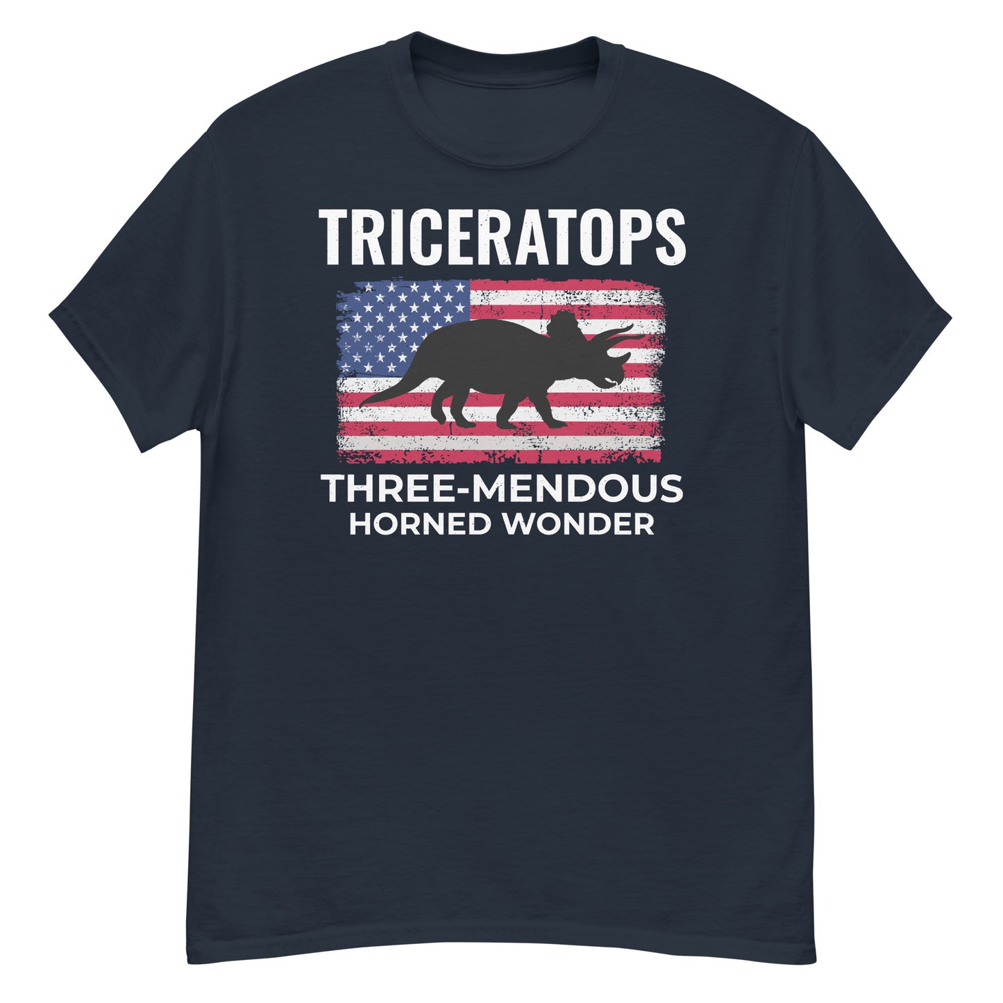 American Flag Dinosaur T-Shirt: Triceratops - The Three-Mendous Horned Wonder