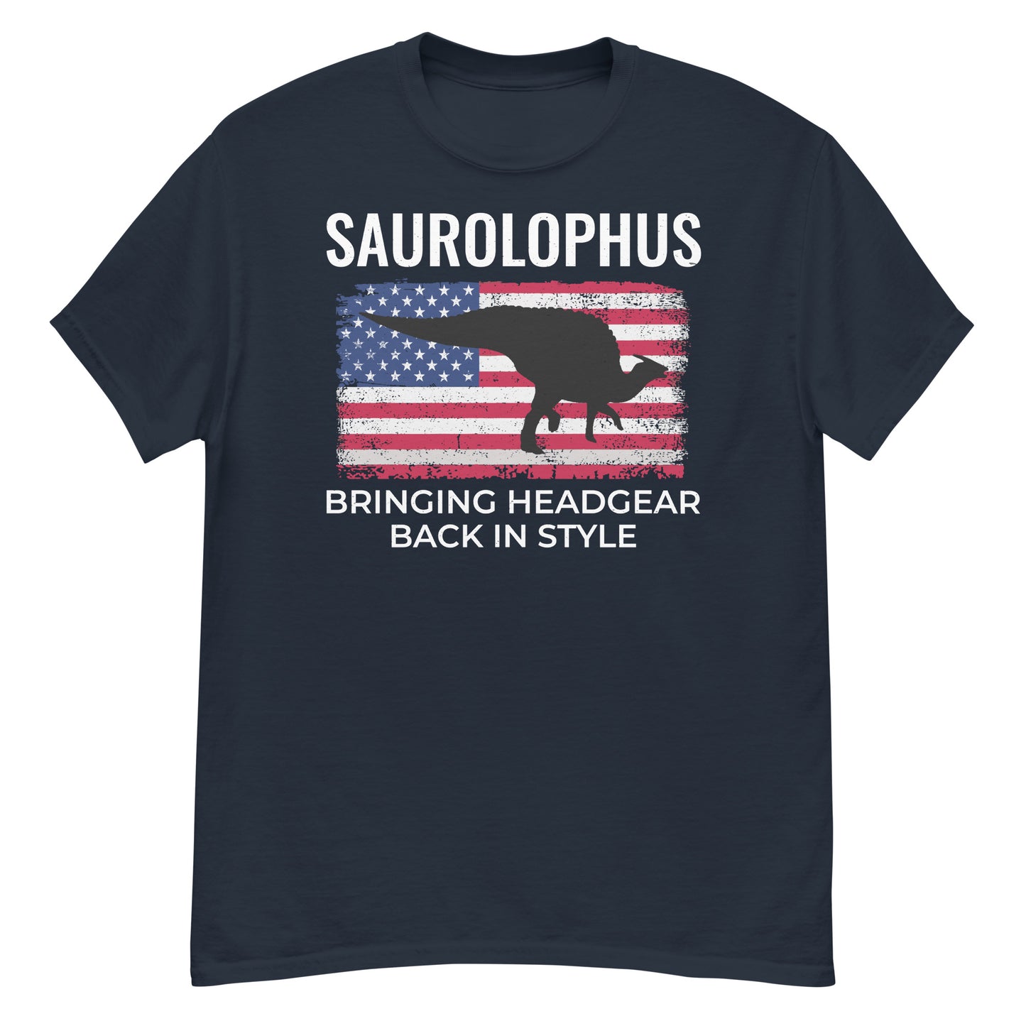 Dinosaurier-T-Shirt mit amerikanischer Flagge: Saurolophus – Kopfbedeckungen wieder in Mode bringen