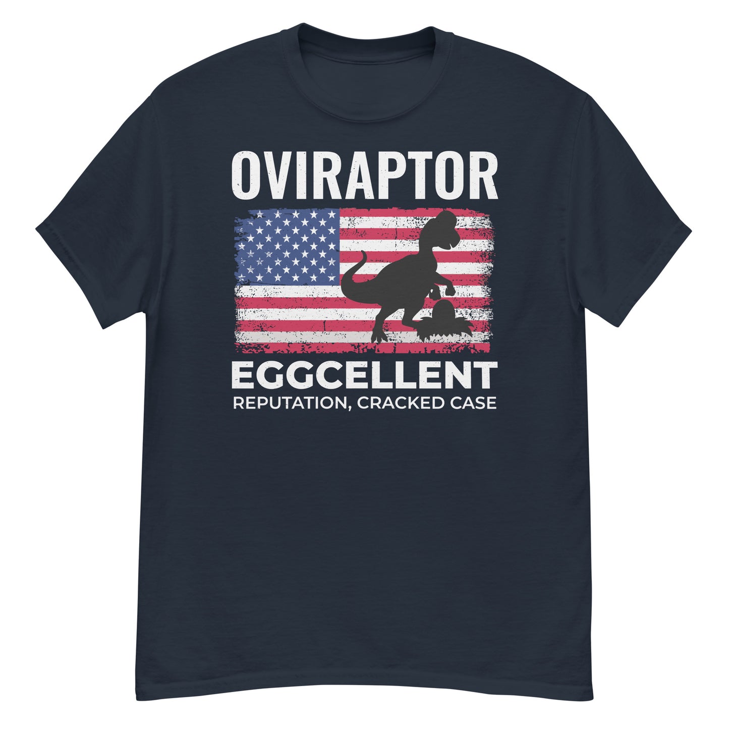 American Flag Dinosaur T-Shirt: Oviraptor - Eggcellent Reputation, Cracked Case