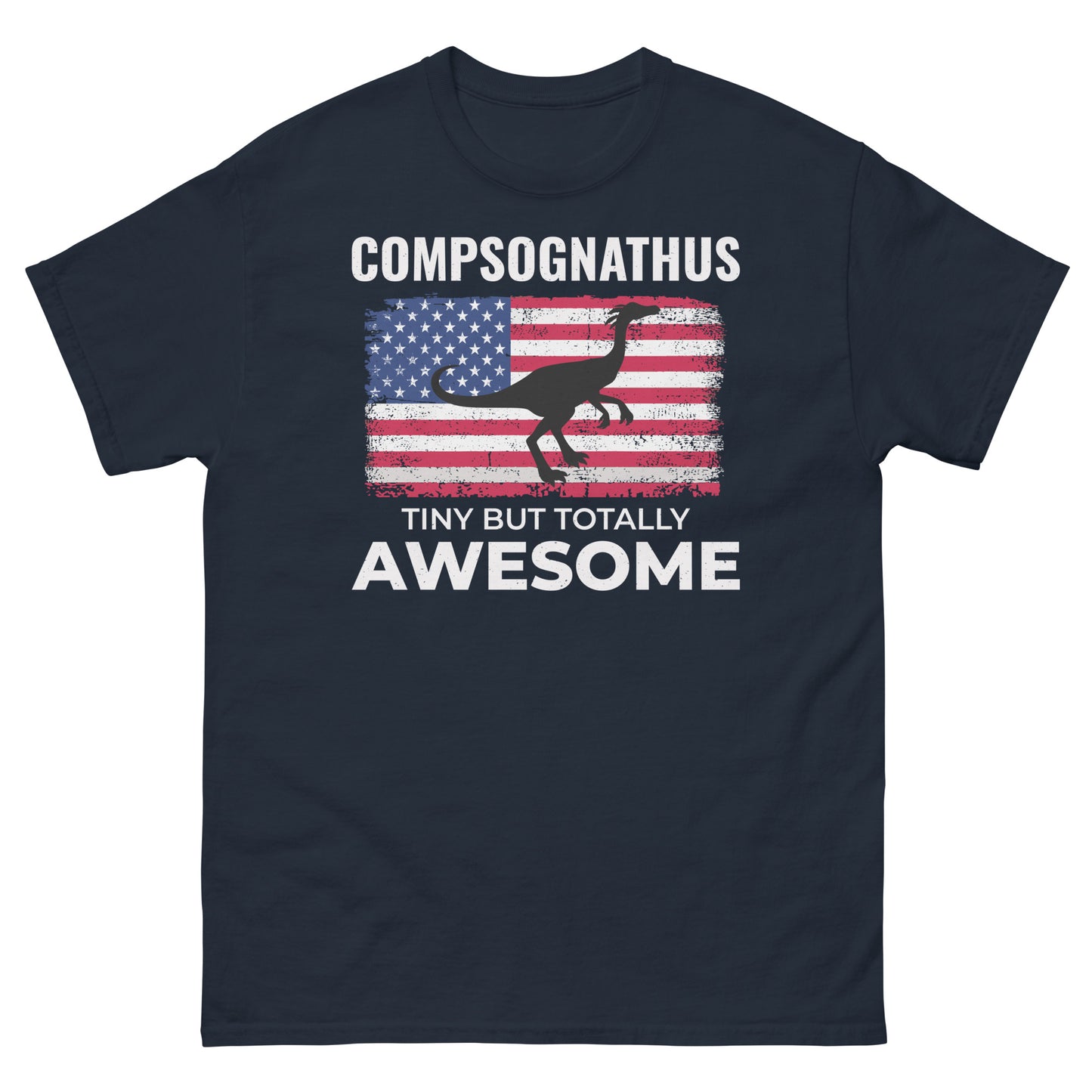 Dinosaurier-T-Shirt mit amerikanischer Flagge: Compsognathus – winzig, aber absolut fantastisch