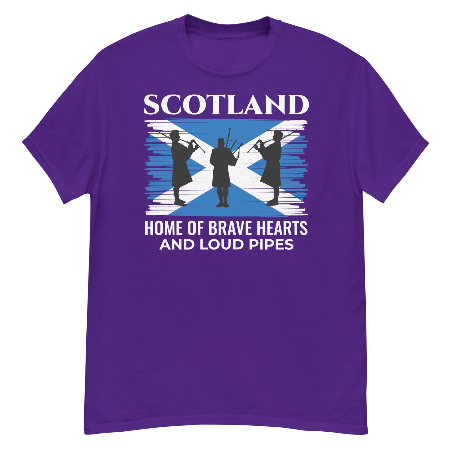 Scottish Flag Bagpipe T-Shirt: Scotland - Home of Brave Hearts and Loud Pipes